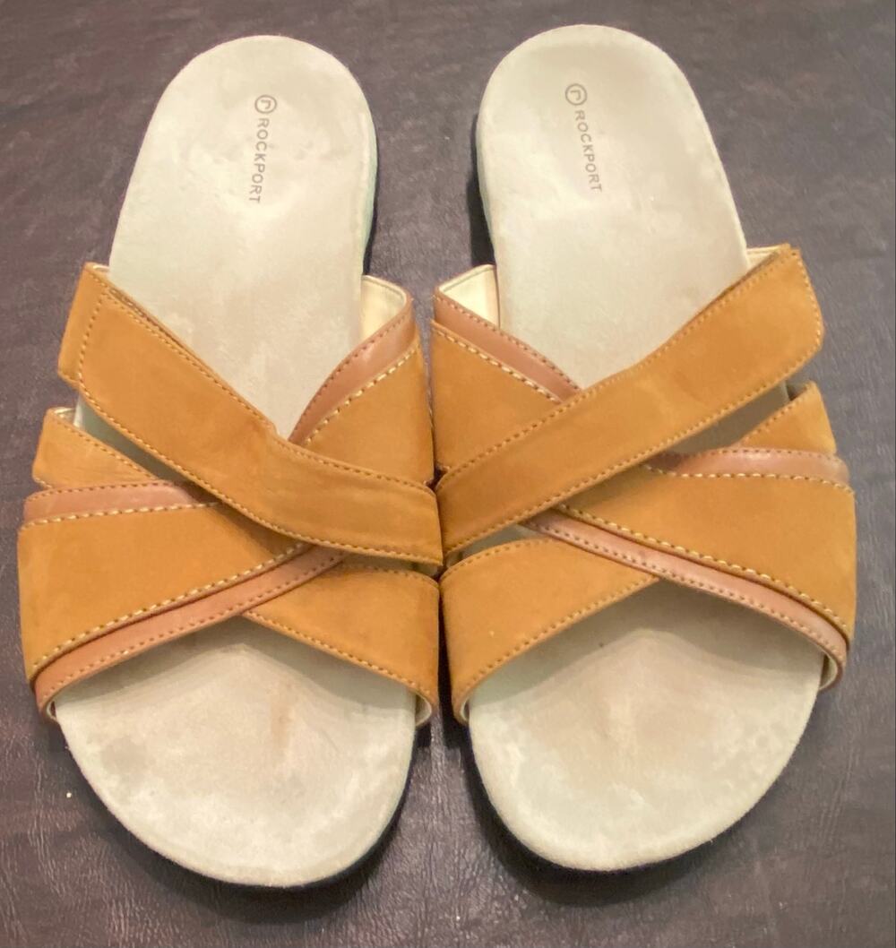 Rockport Women's Leather Comfort Slide Sandals Brown Adjustable Size 10M Travel